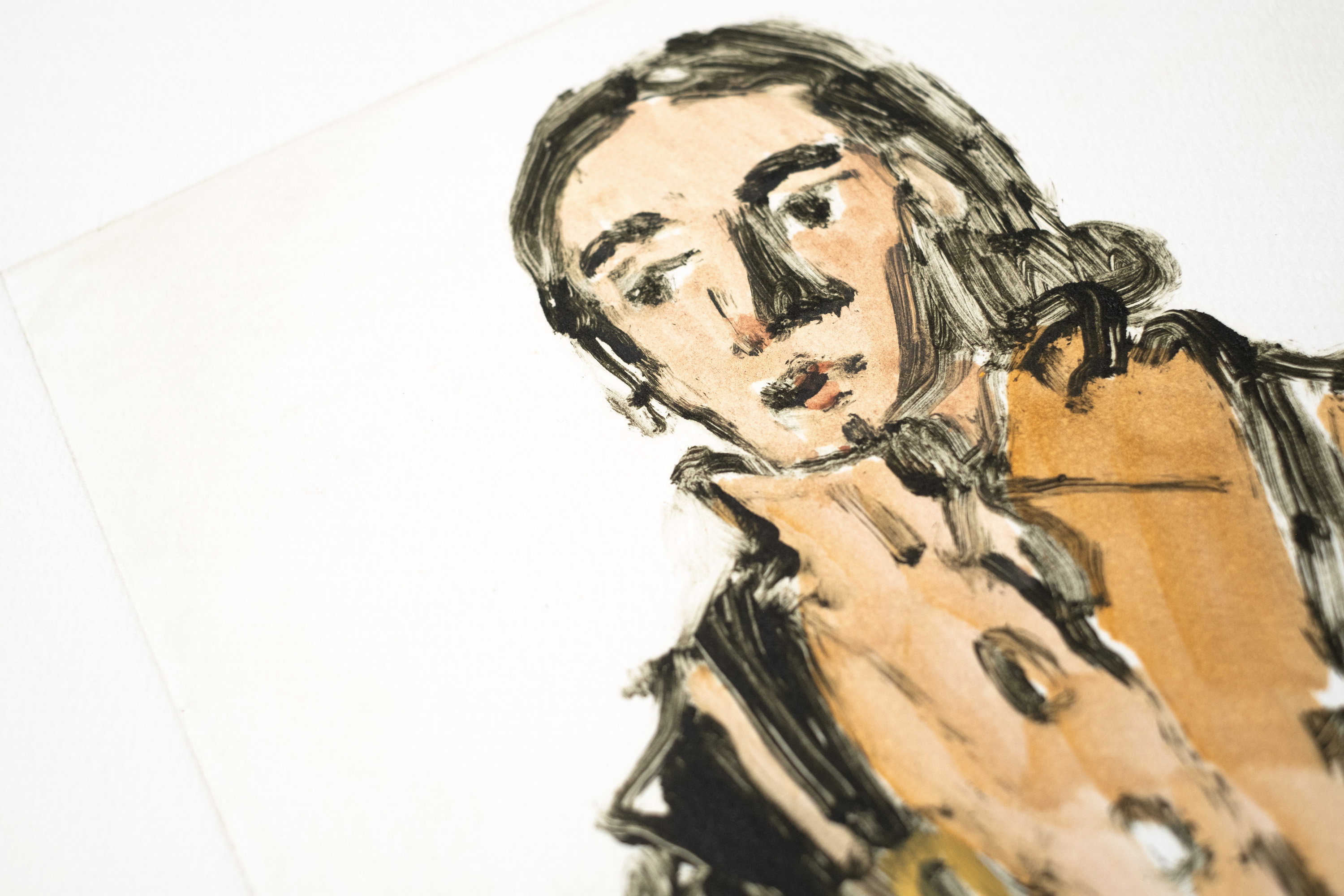 Detail of Liorah Tchiprout's Tomorrow, I suspect, will be different: the woman's steady frontal gaze and dark hair.