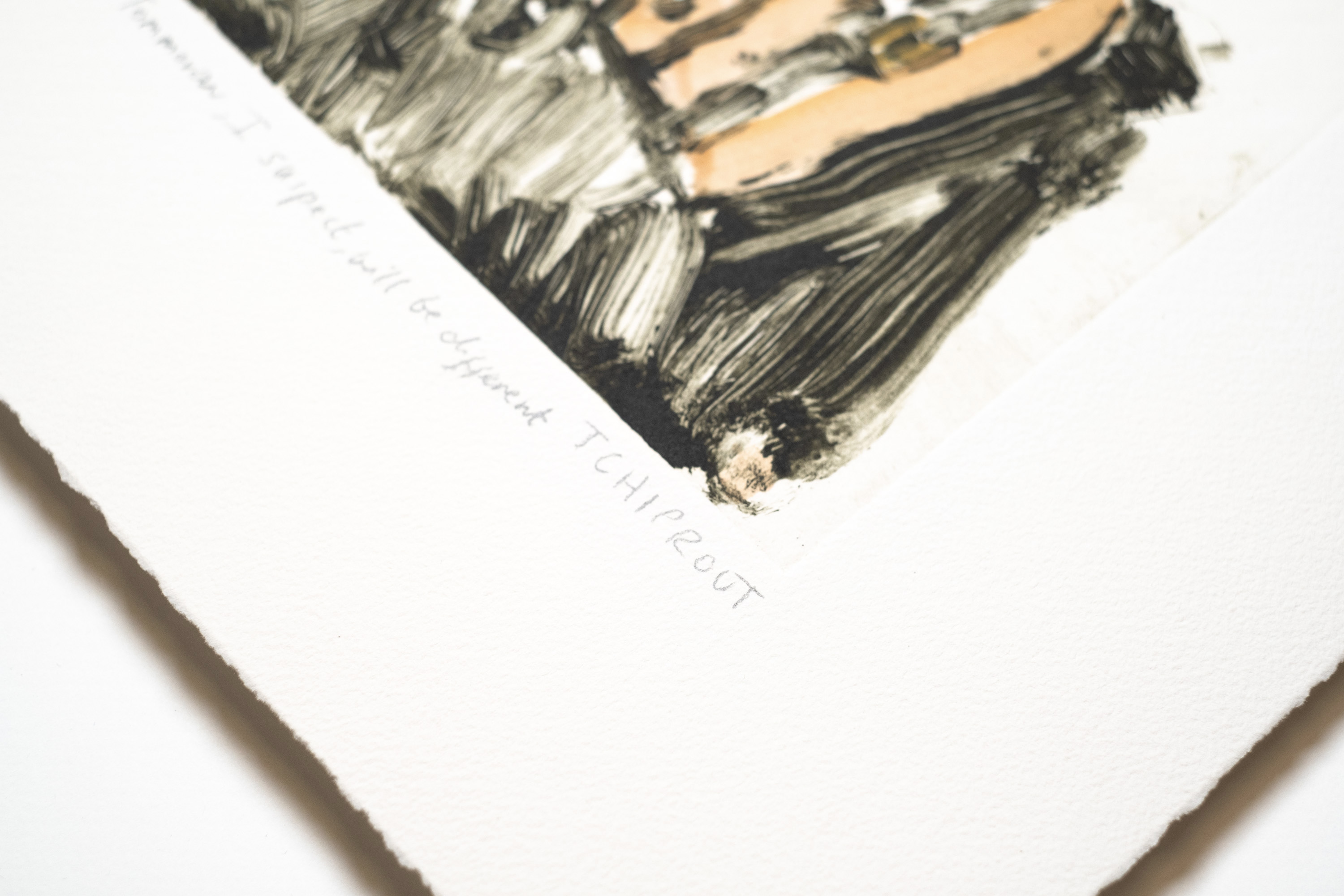 Detail of Tomorrow, I suspect, will be different: the pencil title and Tchiprout signature below the plate mark.