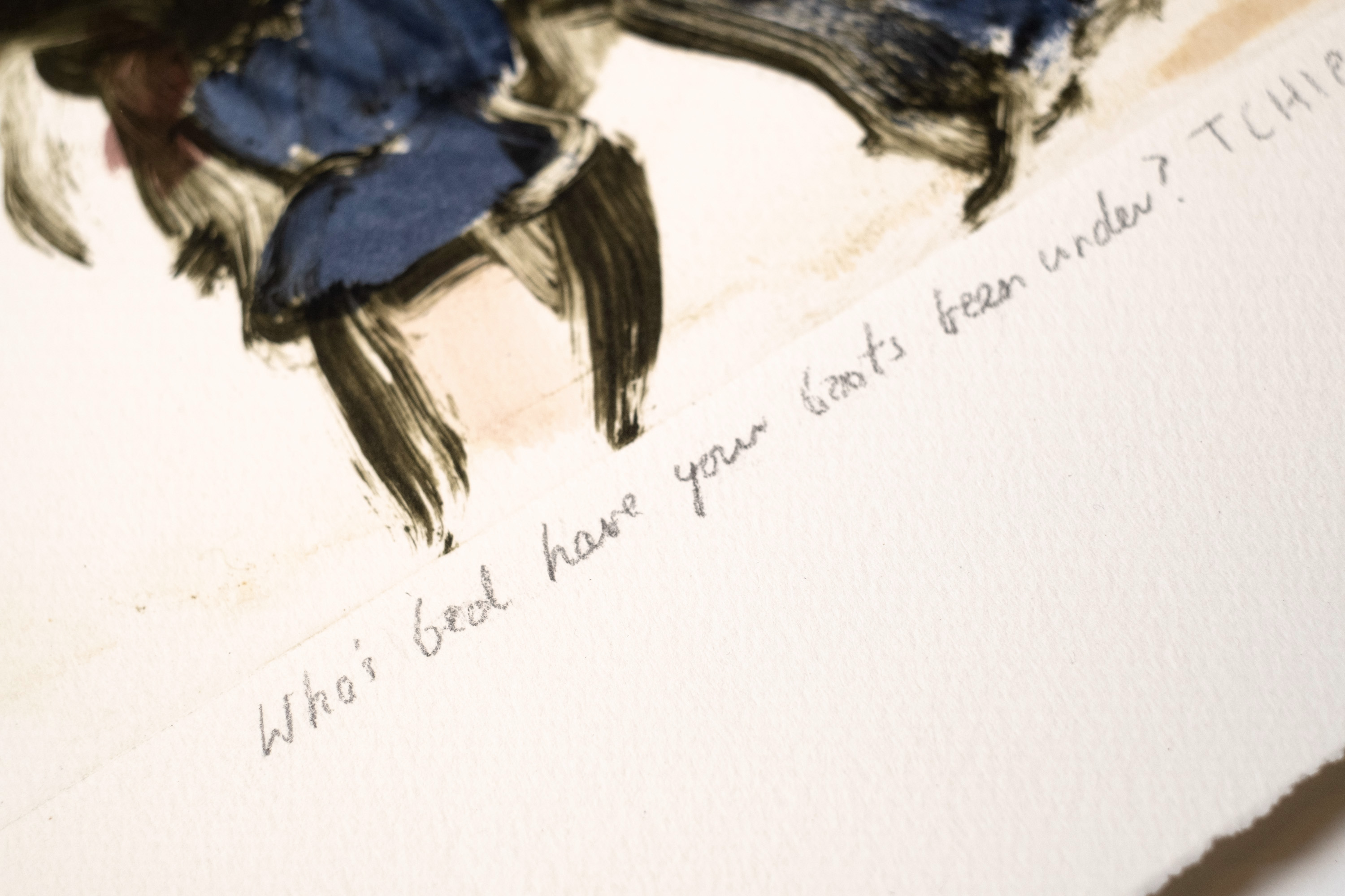 Detail of Whose bed have your boots been under?: the pencil title and Tchiprout signature below the plate mark.
