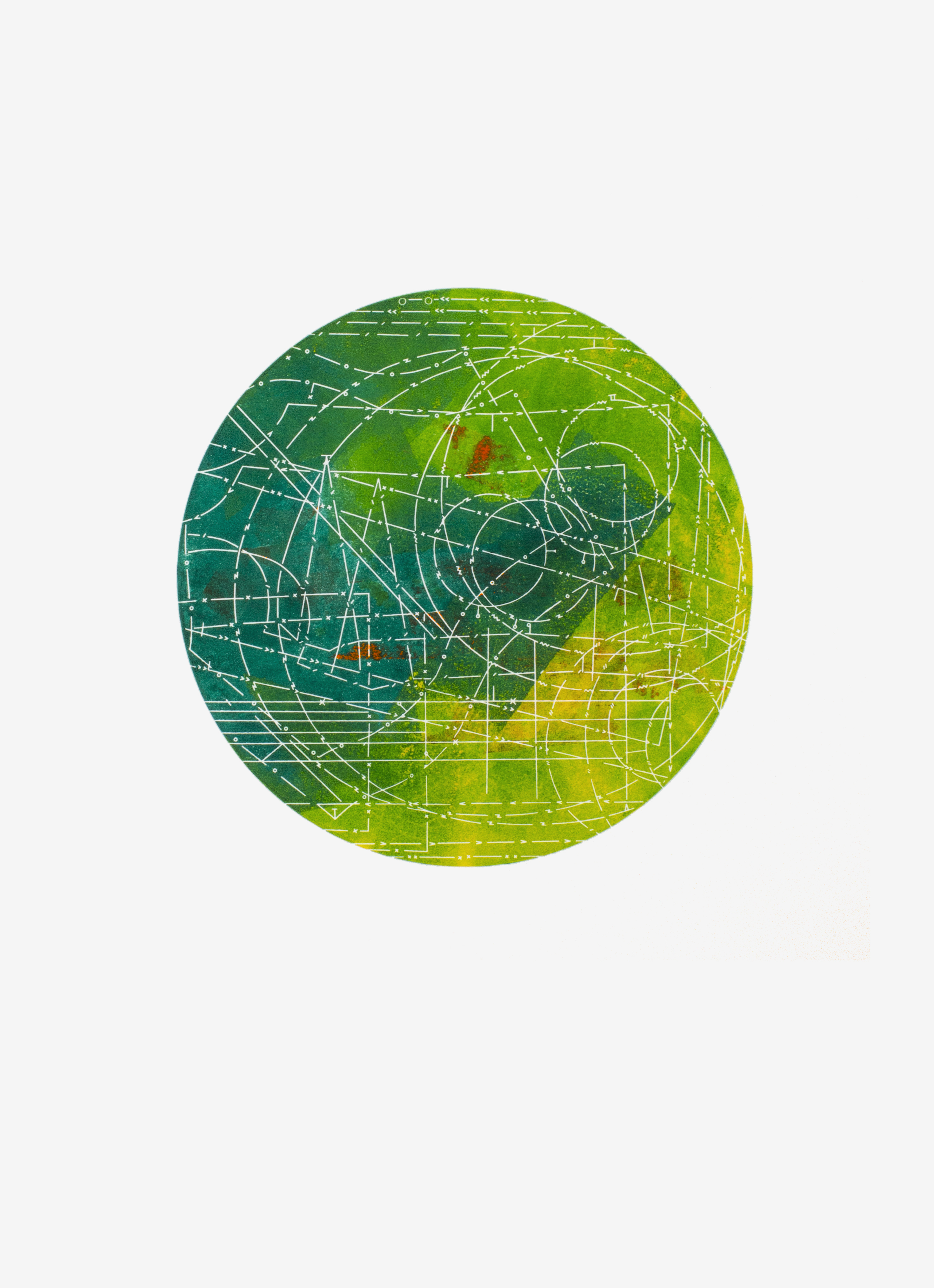 Circular mono letterpress print with white line pattern. Deep teal on the left blends into lime and yellow green, with rust specks.