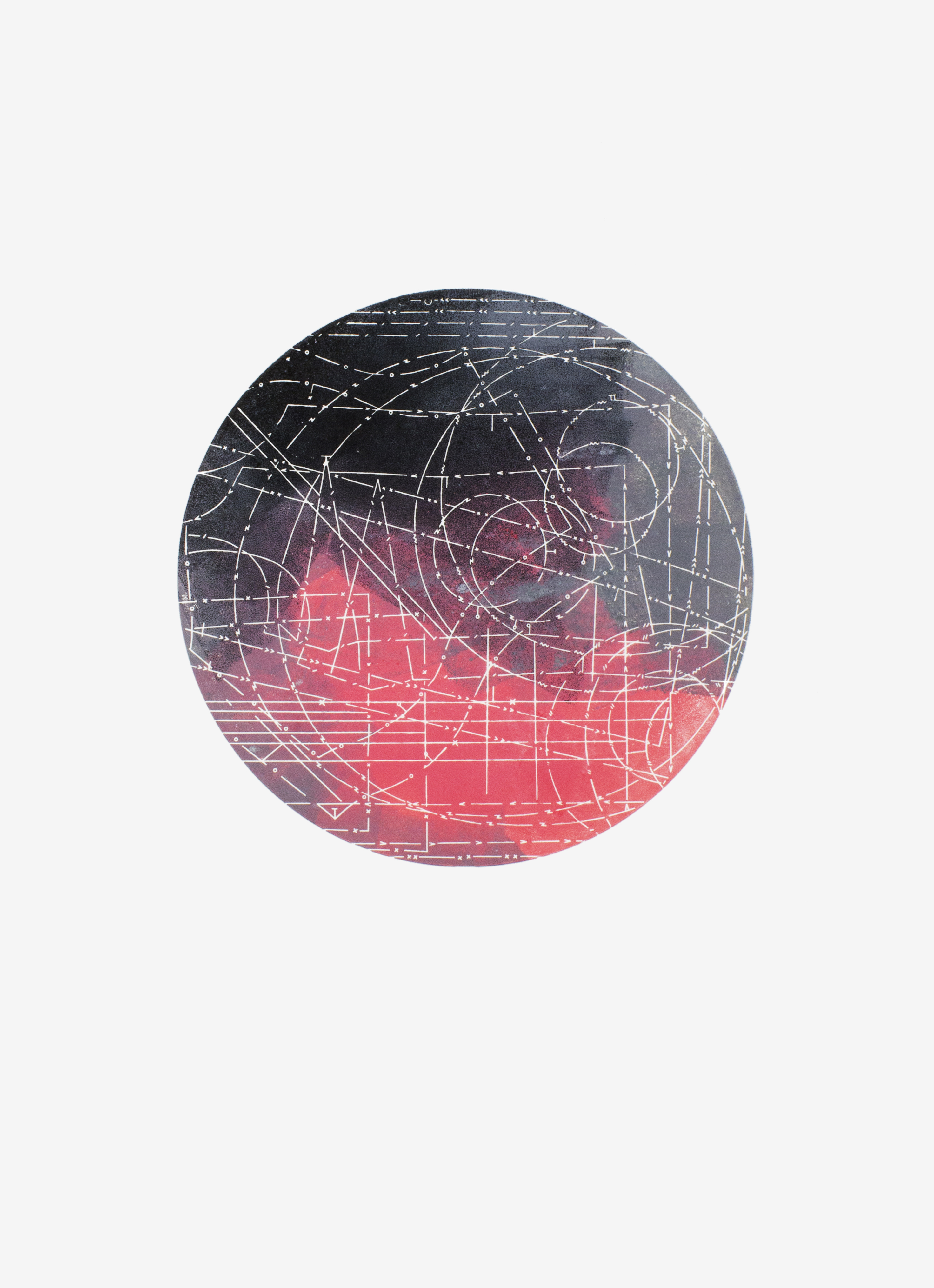 Circular mono letterpress print with white line pattern. Black at the top fades into coral red at the base.