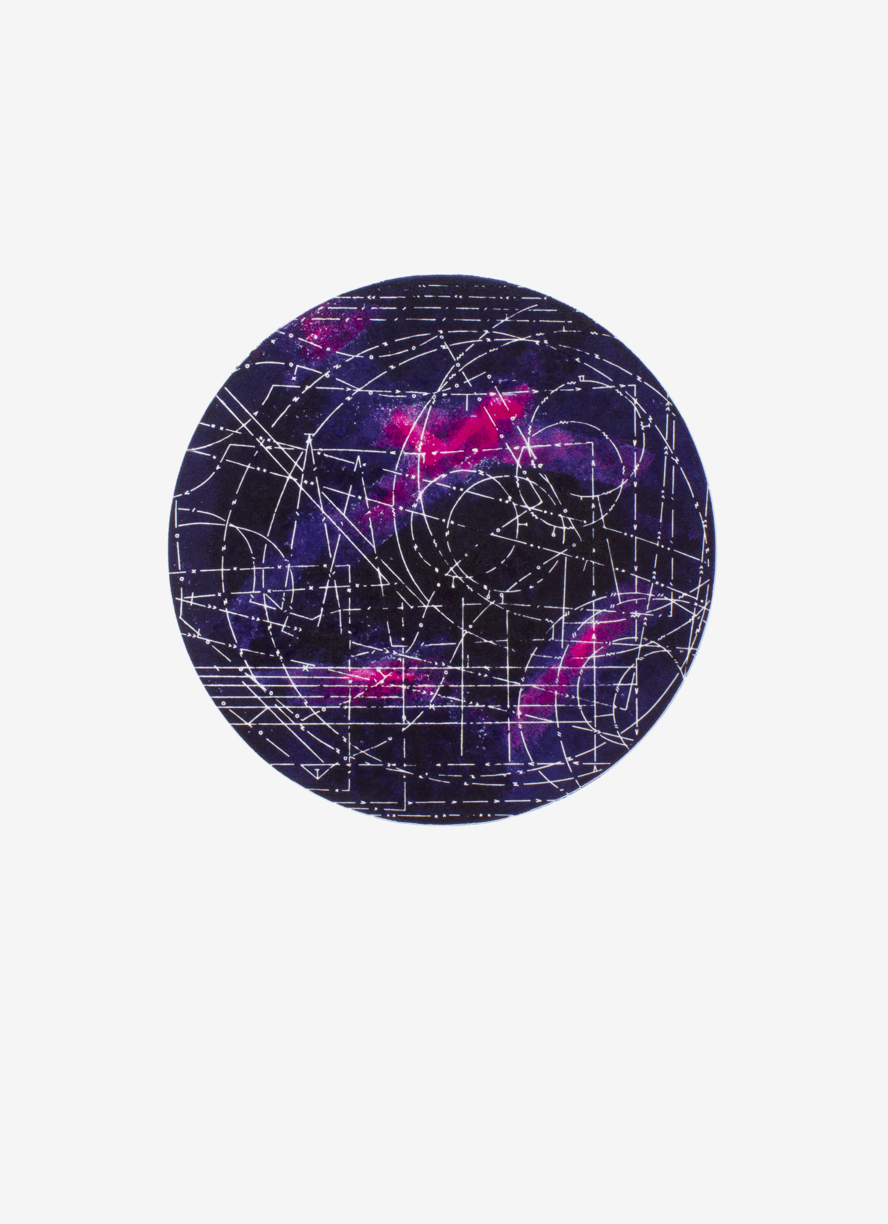 Circular mono letterpress print with white line pattern over inky indigo-violet, with brushed streaks of hot pink.