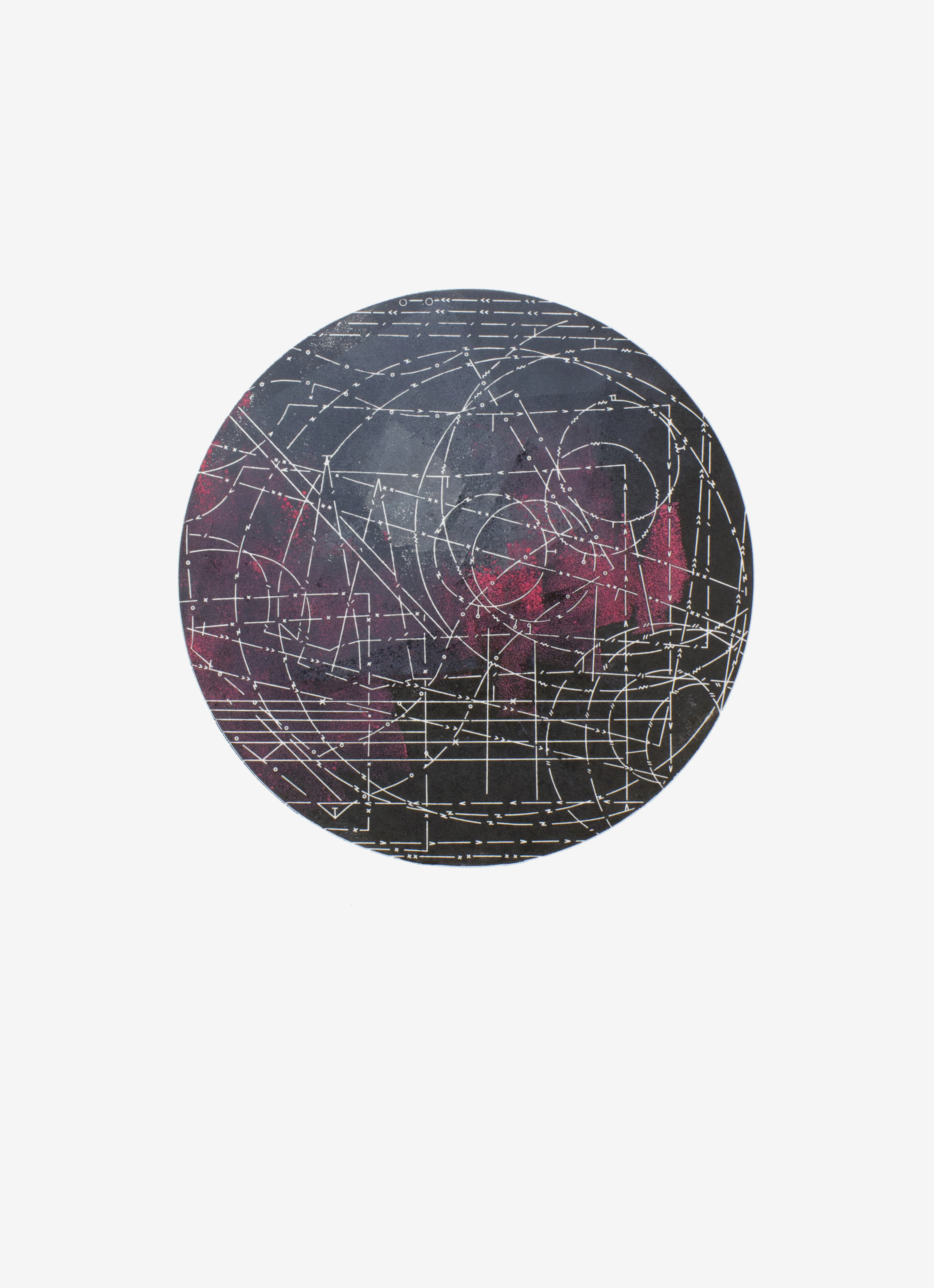 Circular mono letterpress print with white line pattern over slate navy and black, with speckled crimson clouds.