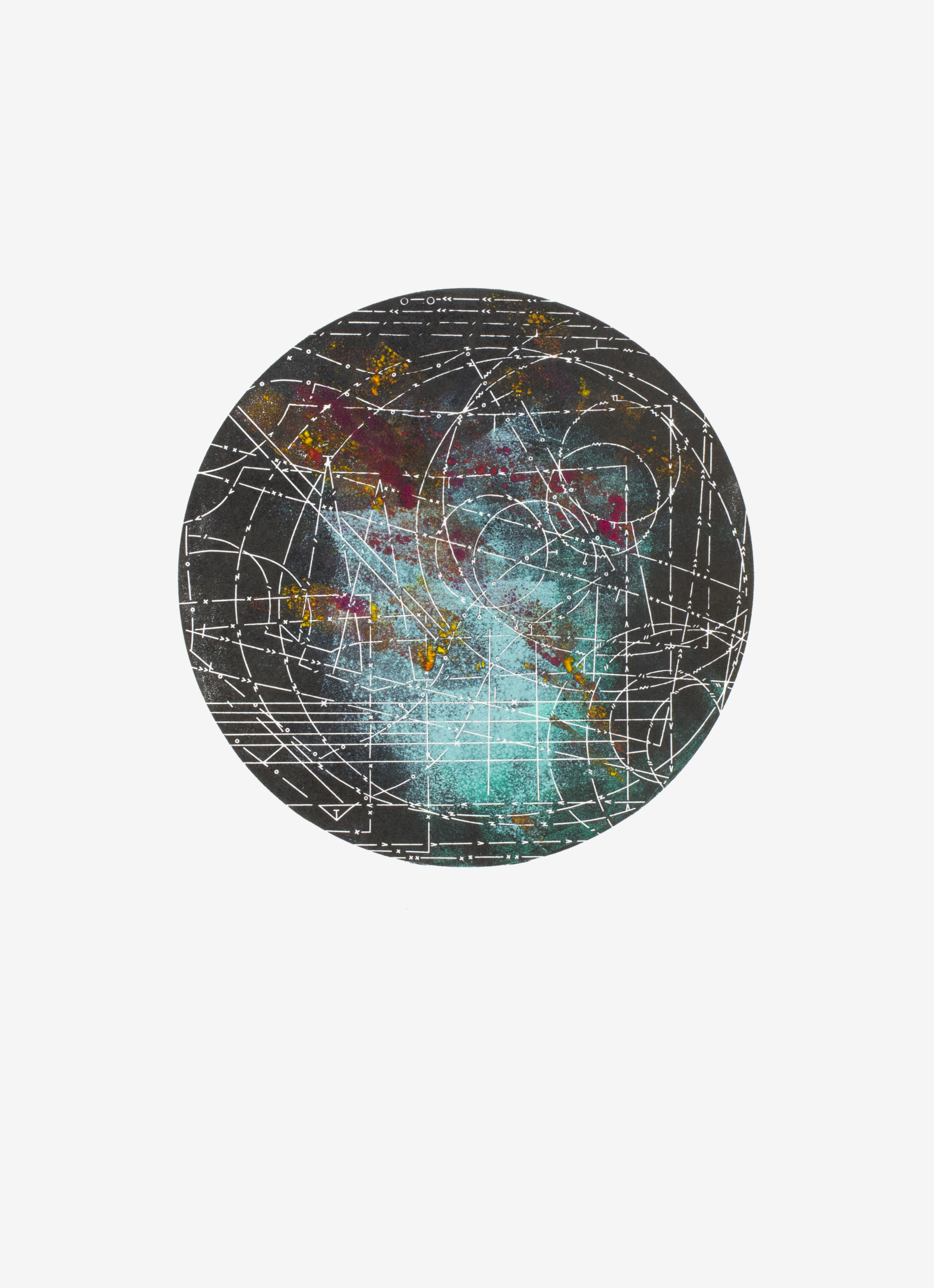Circular mono letterpress print with white line pattern on black, opening to a misty aqua centre speckled with crimson and amber.
