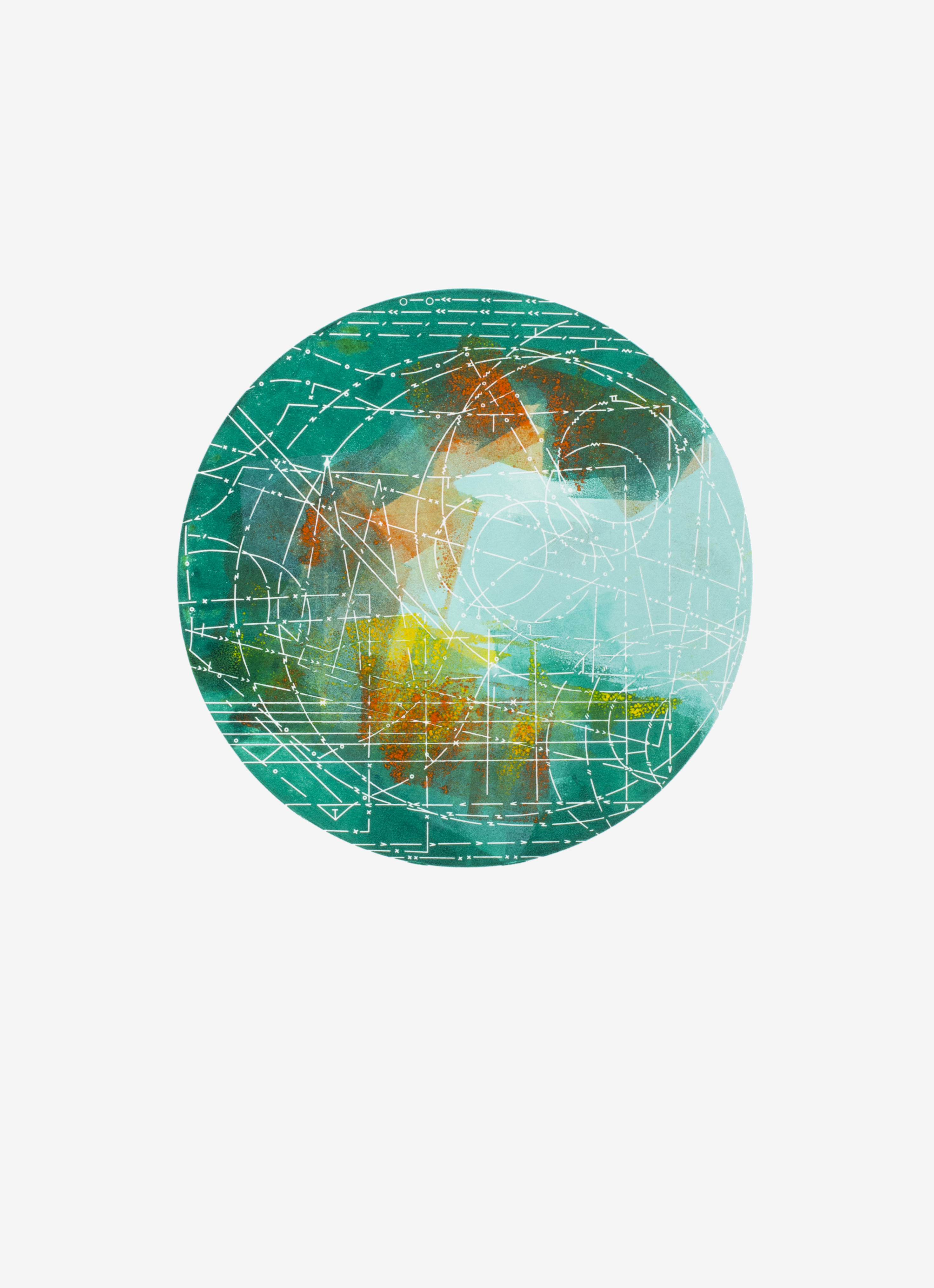 Circular mono letterpress print with white line pattern over emerald green, a pale aqua wash and speckles of burnt orange and yellow.