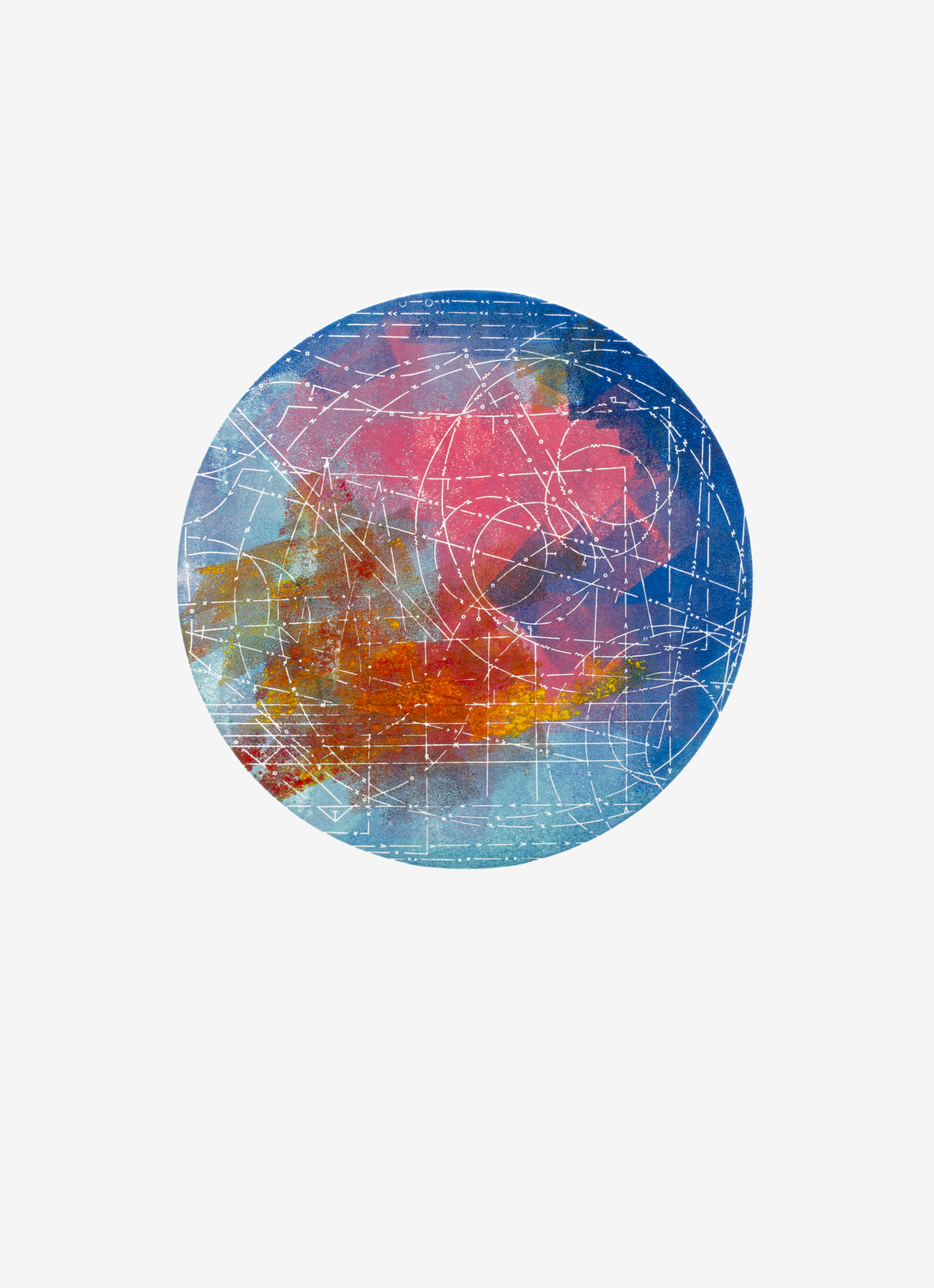 Circular mono letterpress print with white line pattern over cobalt and pale blue, a rose-pink centre and a band of burnt orange.