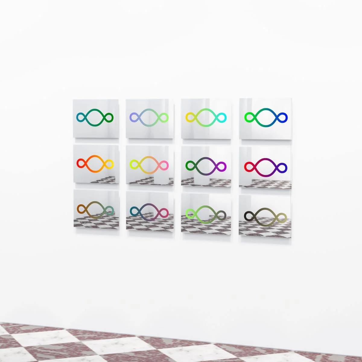 Michelangelo Pistoletto, Preventive Peace Flags: all twelve mirrored works in a grid on a gallery wall, reflecting a chequered floor