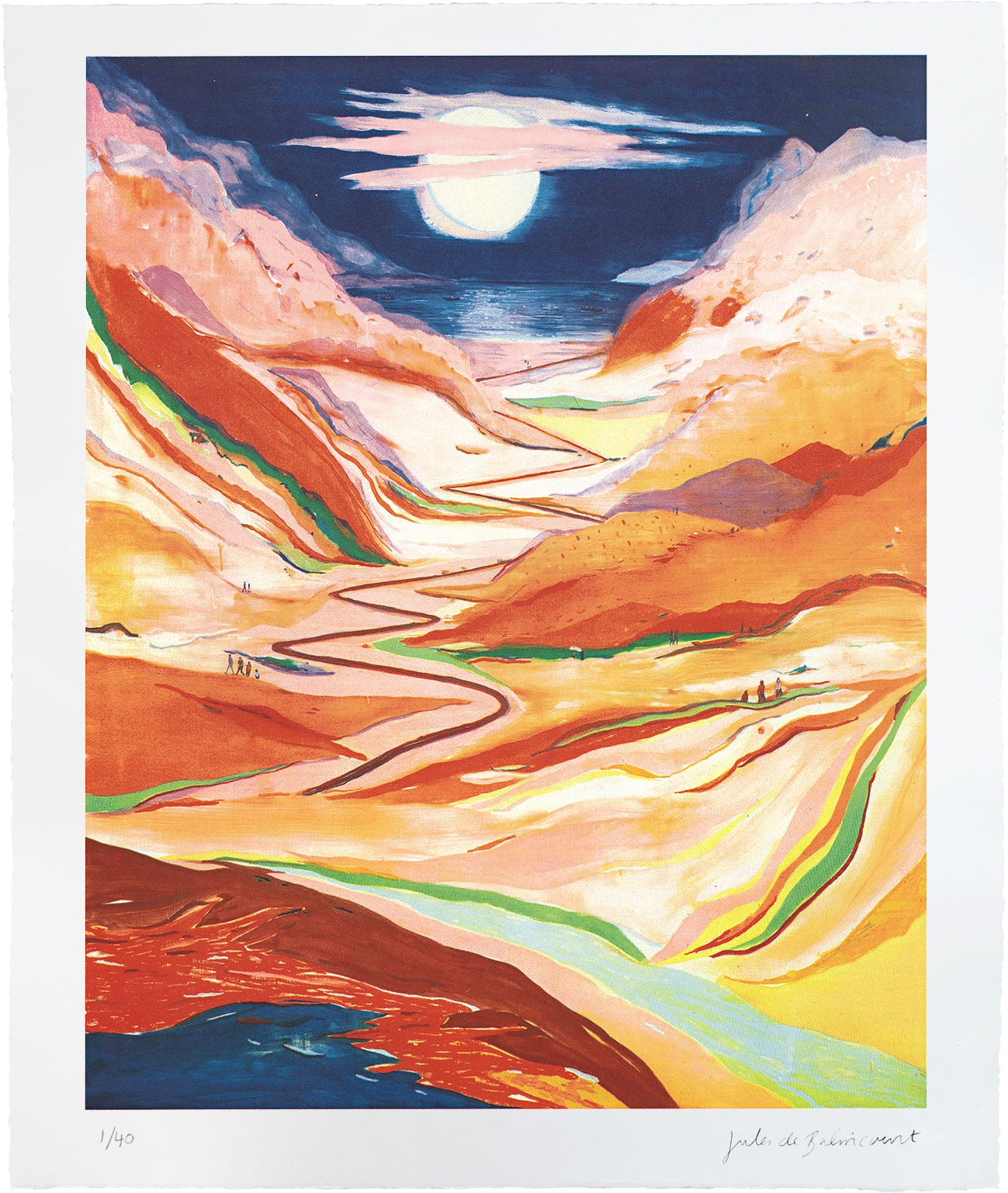 Jules de Balincourt, They Come to Get Lost: a moonlit valley of orange and pink hills, a winding road leading down to the sea
