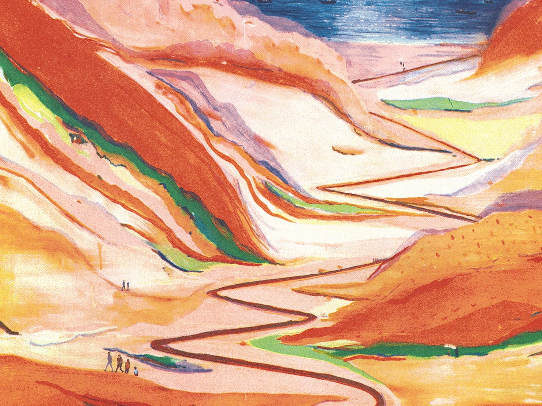 Detail of Jules de Balincourt’s They Come to Get Lost: tiny walkers beside a zigzagging road through striped orange hills