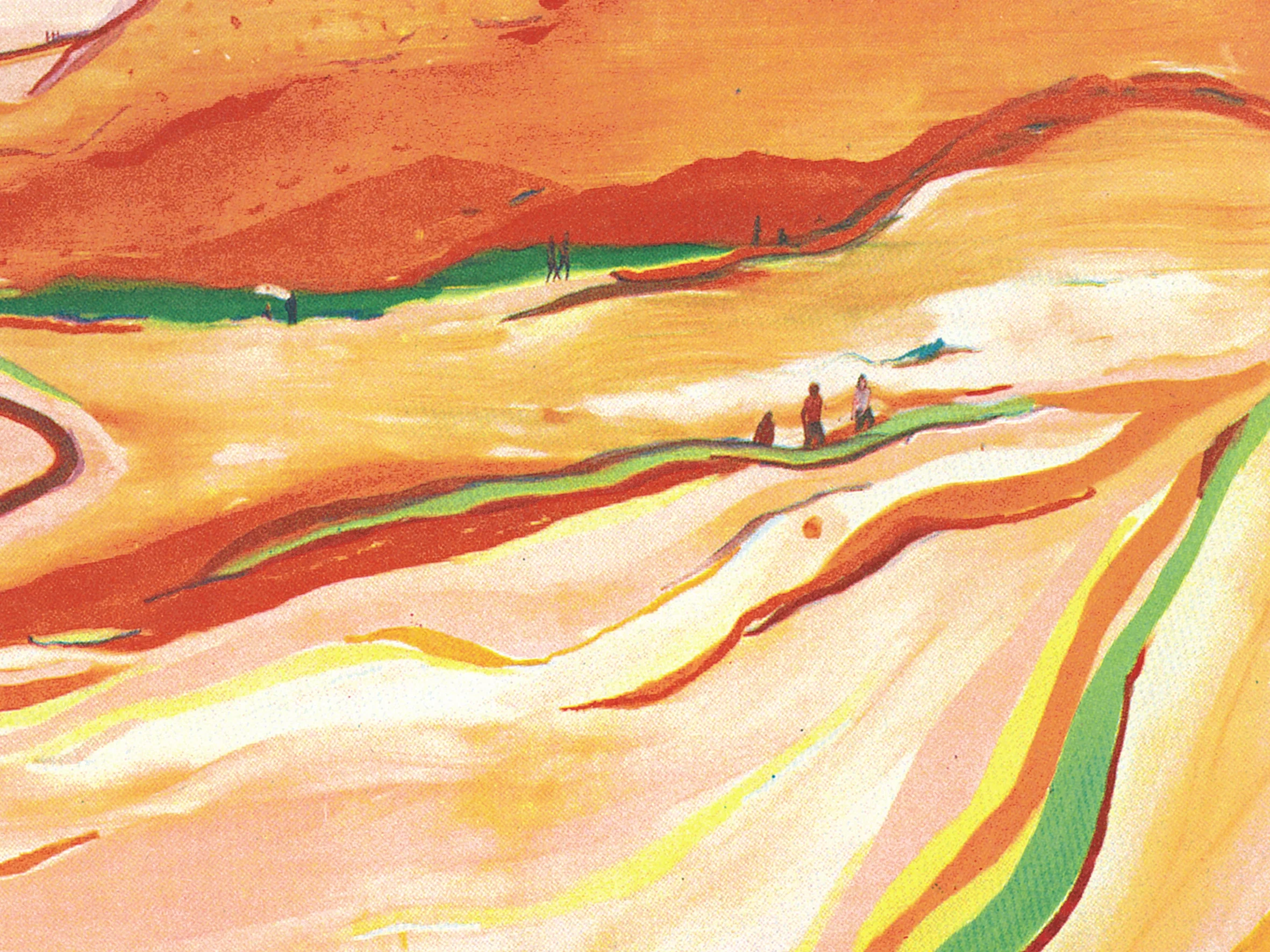 Detail of Jules de Balincourt’s They Come to Get Lost: small figures on a green ridge among bands of orange, yellow and pink