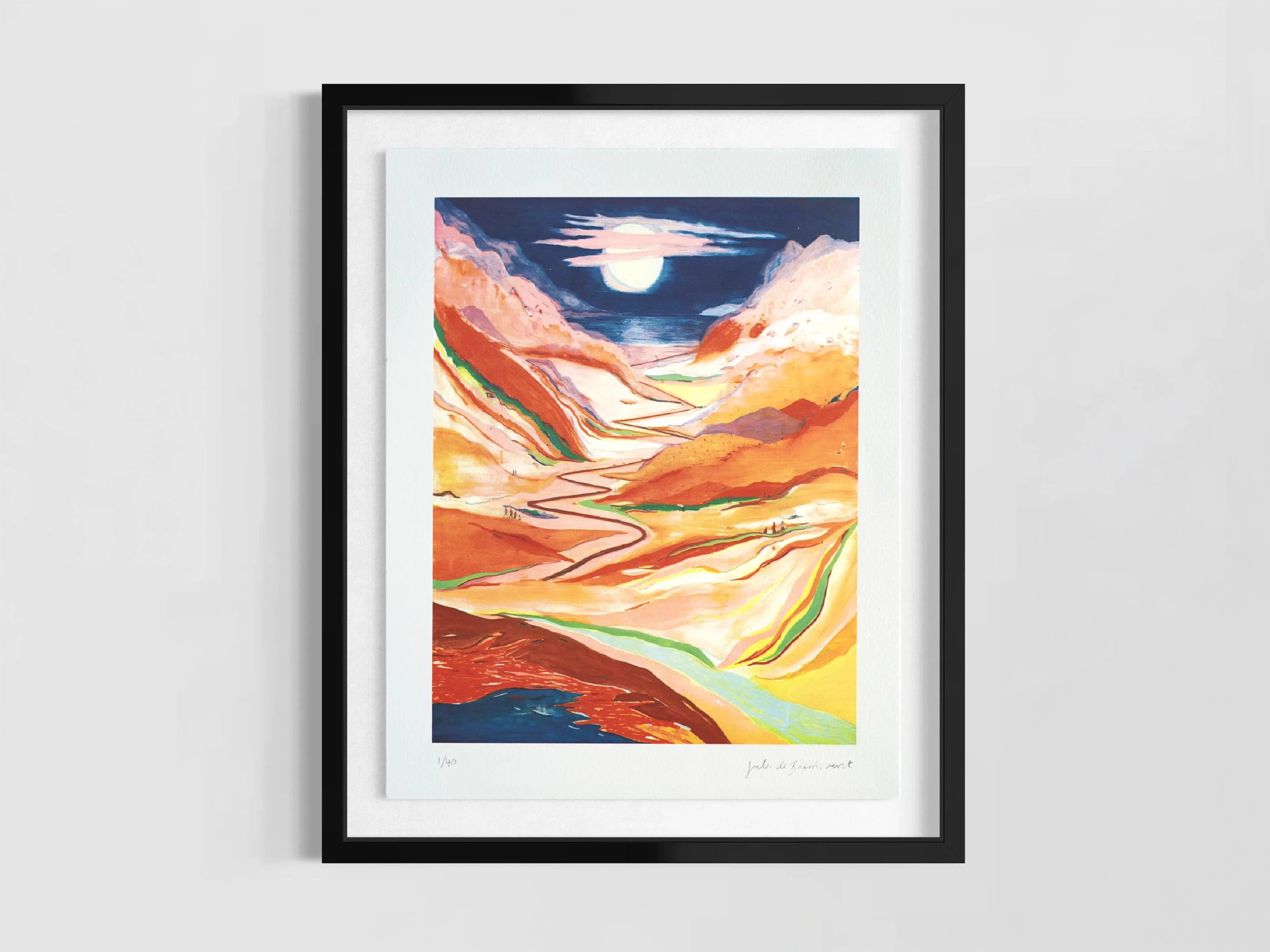 Jules de Balincourt, They Come to Get Lost, shown in a black frame: a glowing valley landscape beneath a full moon