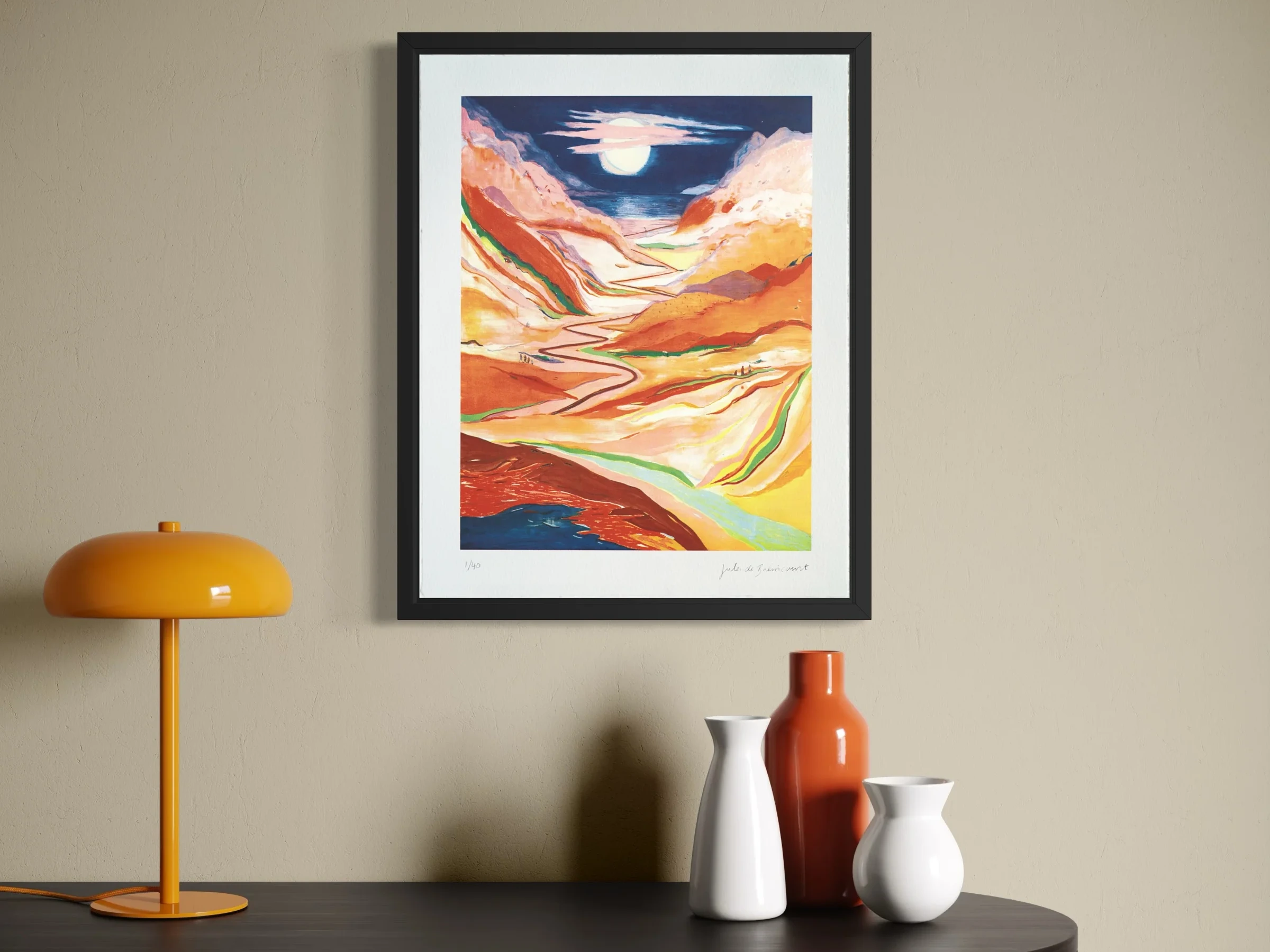 Jules de Balincourt, They Come to Get Lost, framed on a wall above a dark sideboard with an orange lamp and ceramic vases