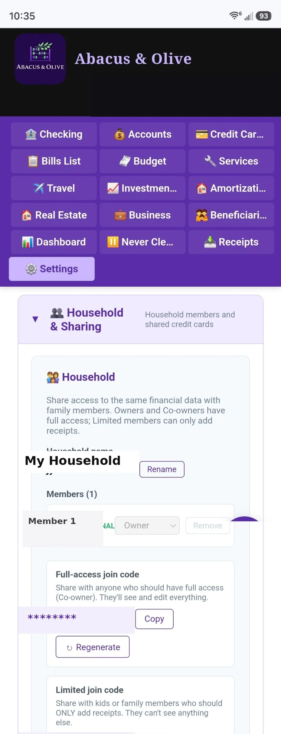 Household sharing in Abacus & Olive