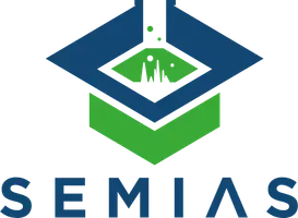 Logo avec formes géométriques bleues et vertes formant un cube stylisé au-dessus du texte SEMIAS.