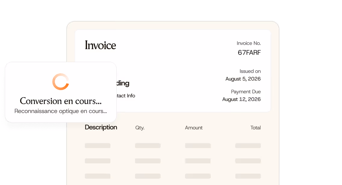 Facture d'exemple avec numéro, dates, colonnes de description, quantité, montant et total.