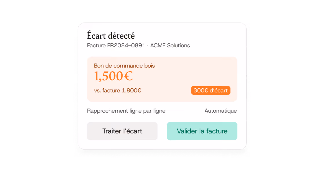 Interface détectant un écart de 300 euros entre bon de commande bois de 1500 et facture de 1800 euros.