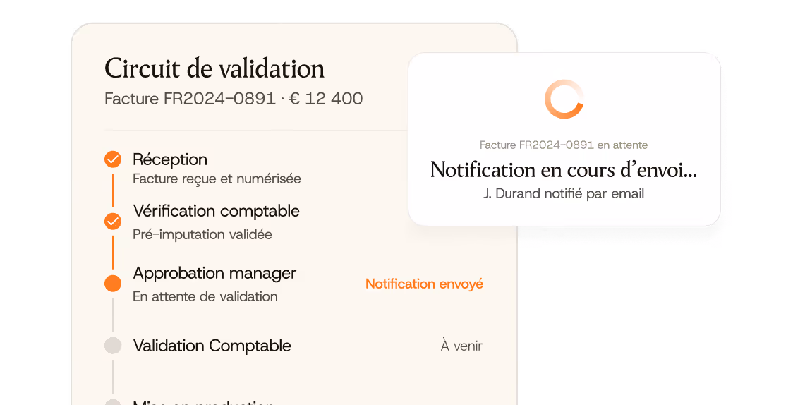 Circuit de validation pour facture FR2024-0891 montrant étapes de réception, vérification, approbation en attente.