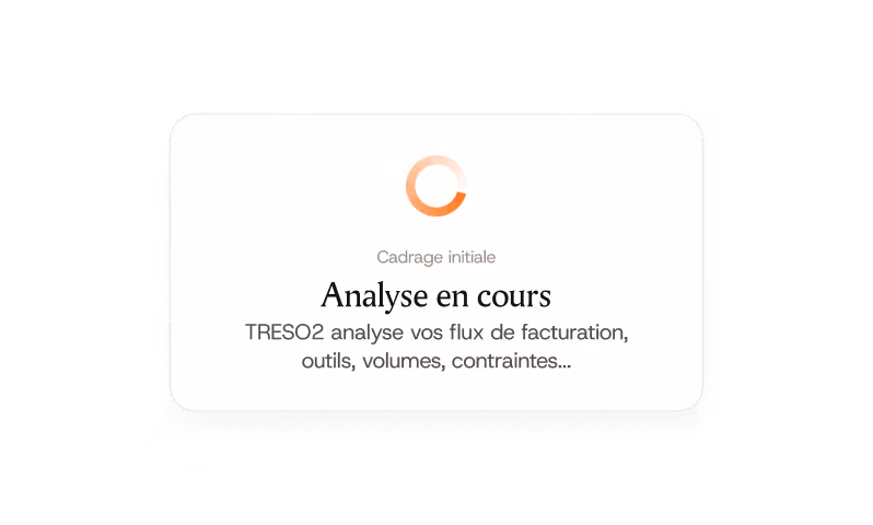 Carte avec un cercle de chargement orange, texte indiquant une analyse en cours pour facturation et contraintes.