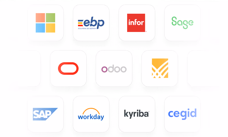 Logos of business software brands including Microsoft, Sage, Oracle, SAP, Workday, and more in rows.