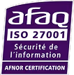 Logo AFAQ ISO 27001 sécurité de l'information certification AFNOR en blanc sur fond violet