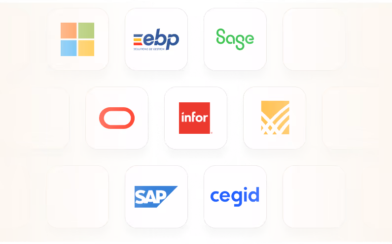 Logos of software tools: Microsoft, EBP, Sage, Oracle, Infor, Workday, SAP, and Cegid on white squares.