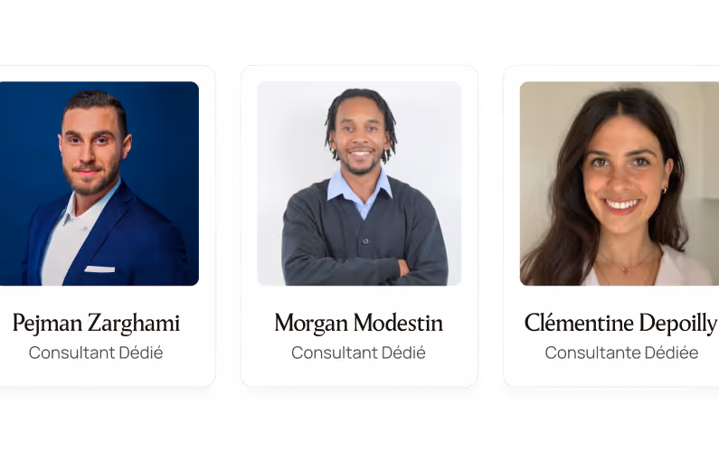 Portraits de Pejman Zarghami, Morgan Modestin, et Clémentine Depoilly, consultants dédiés souriants.