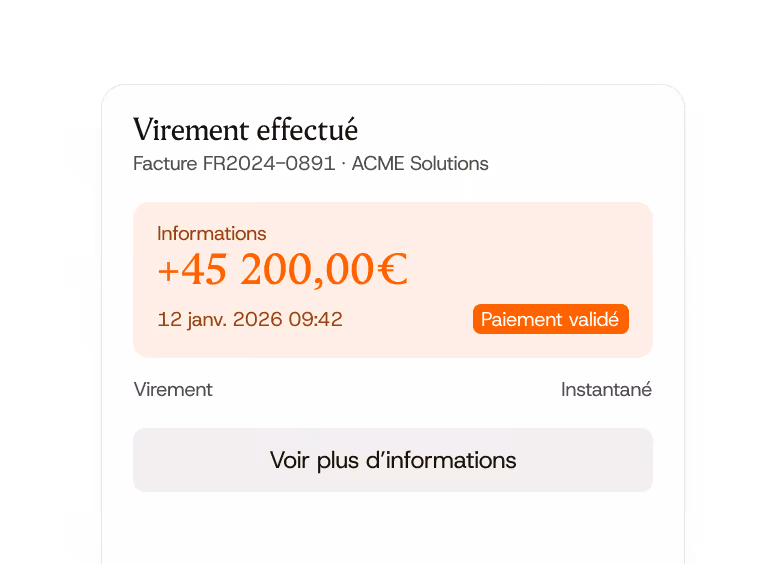 Confirmation de virement de 45 200,00 € validé le 12 janvier 2026 à 09:42 par ACME Solutions.