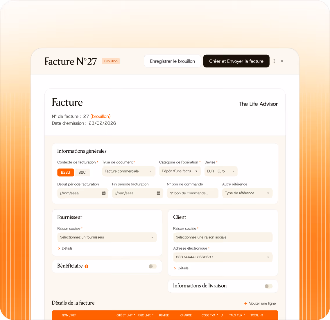 Interface de facture en brouillon avec champs pour fournisseur, client, période, type et montant en euros.