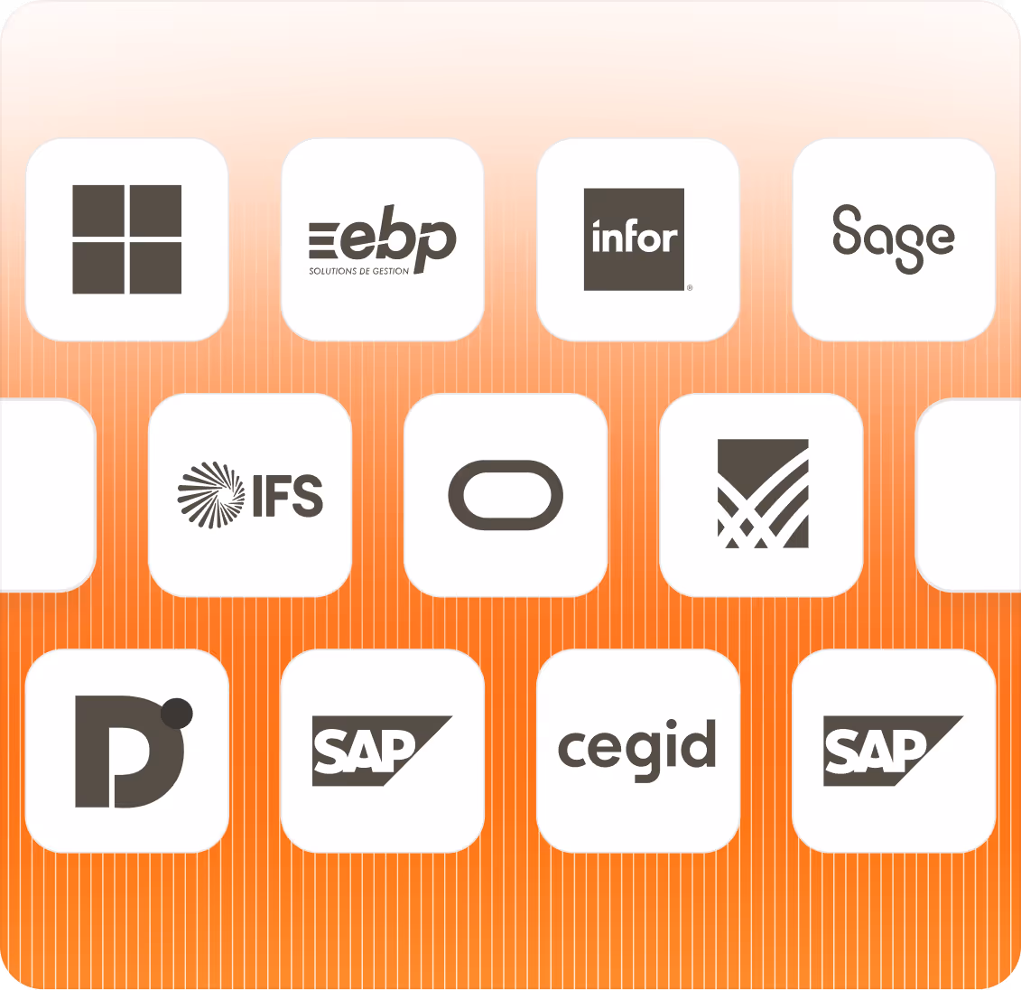 Logos de logiciels de gestion incluant Microsoft, EBP, Infor, Sage, IFS, Oracle, SAP et Cegid.