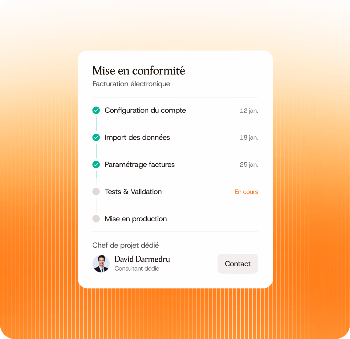 Mise en conformité facturation électronique avec étapes marquées et contact projet dédié.