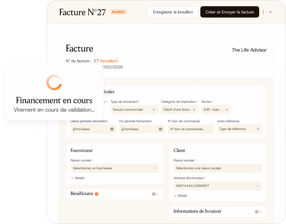 Interface de facture N°27 en brouillon avec options fournisseur, client, et message de financement en cours.