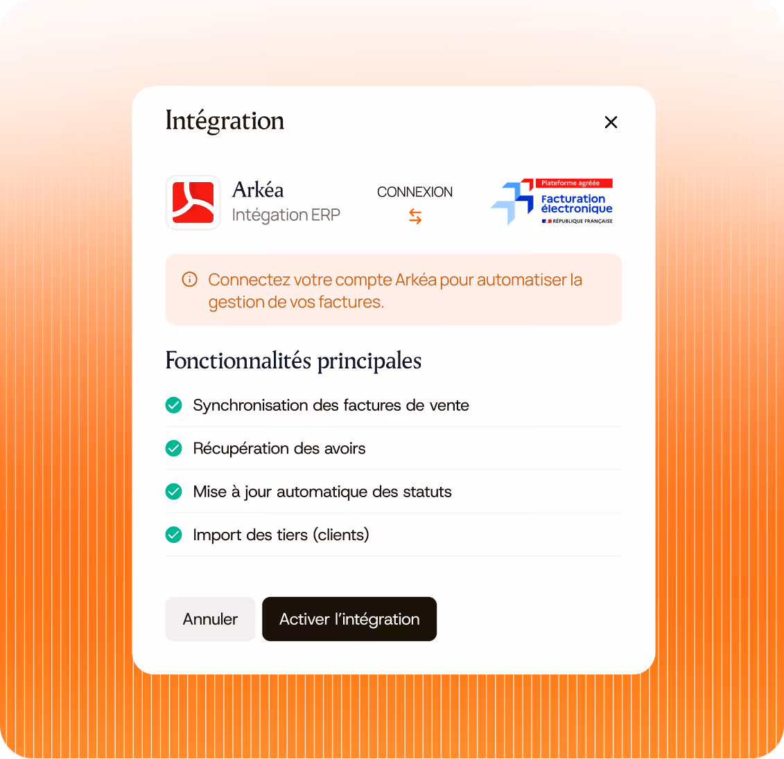 Fenêtre d’intégration Arkéa ERP avec fonctionnalités et bouton pour activer l'intégration.