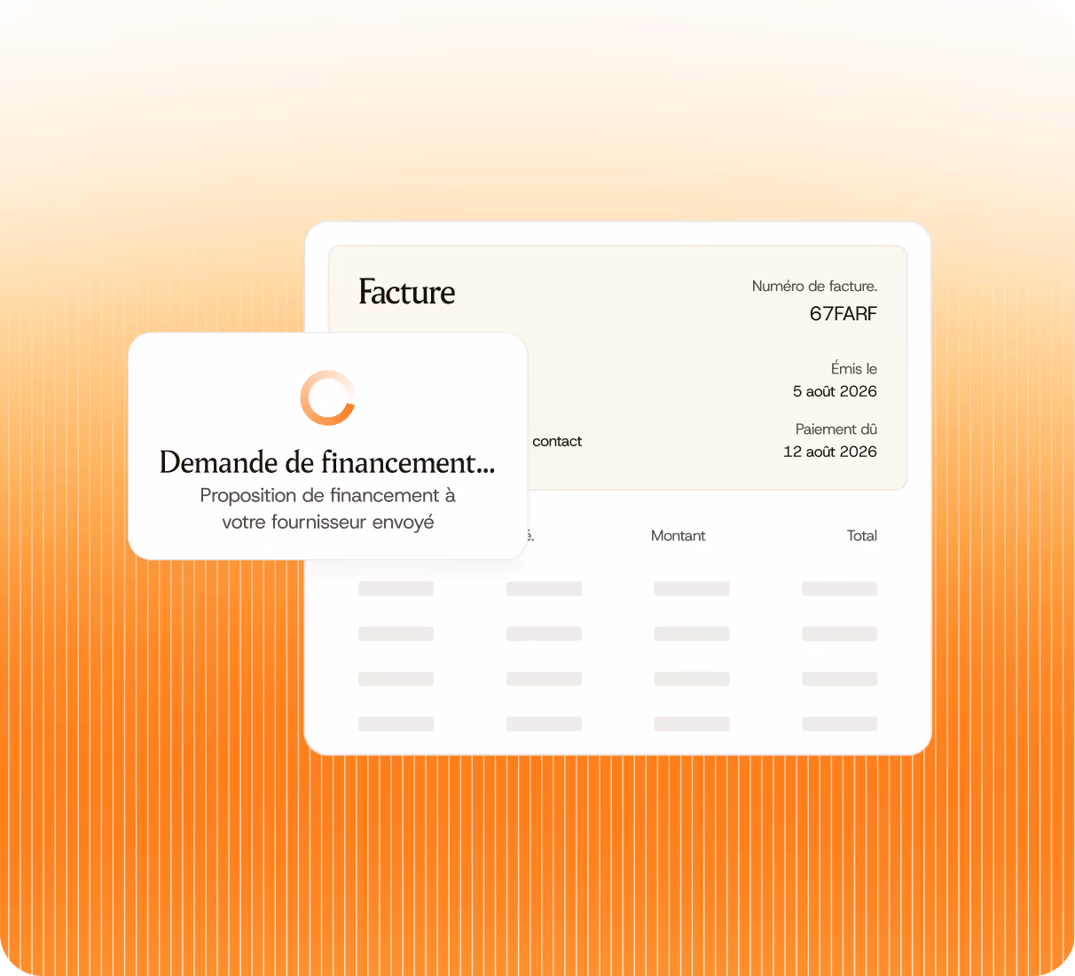 Facture avec numéro 67FARF, dates 5 août 2026 et 12 août 2026, et message demande de financement.