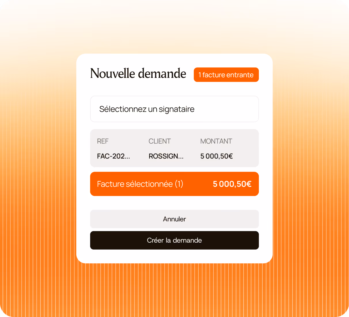 Interface de nouvelle demande avec facture entrante de 5 000,50 € et options de sélection et création.