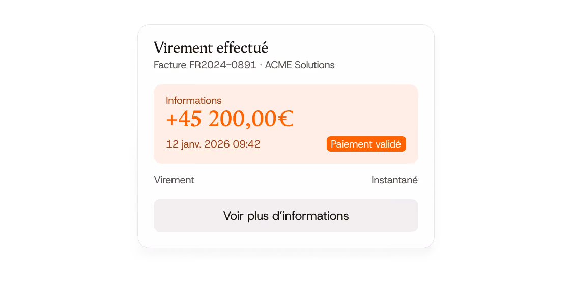 Confirmation d'un virement instantané de 45 200 euros validé le 12 janvier 2026 à 09h42.