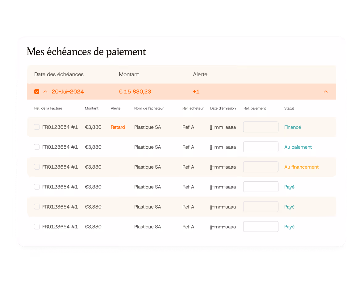 Tableau des échéances de paiement listant factures de Plastique SA avec montants, alertes et statuts divers.