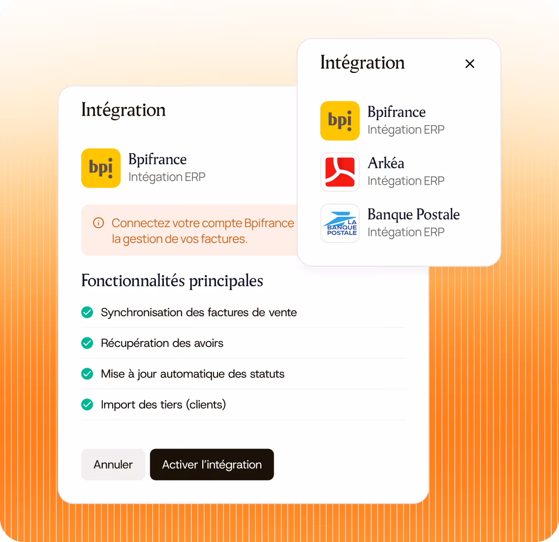 Interface d'intégration bancaire montrant Bpifrance, Arkéa, Banque Postale avec fonctionnalités principales.