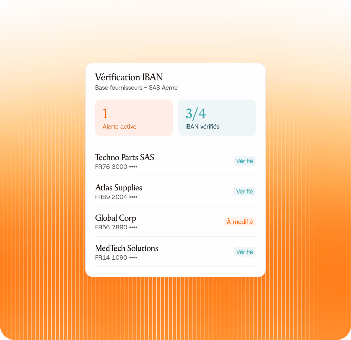 Tableau de vérification IBAN montrant 1 alerte active et 3 vérifications réussies pour fournisseurs.
