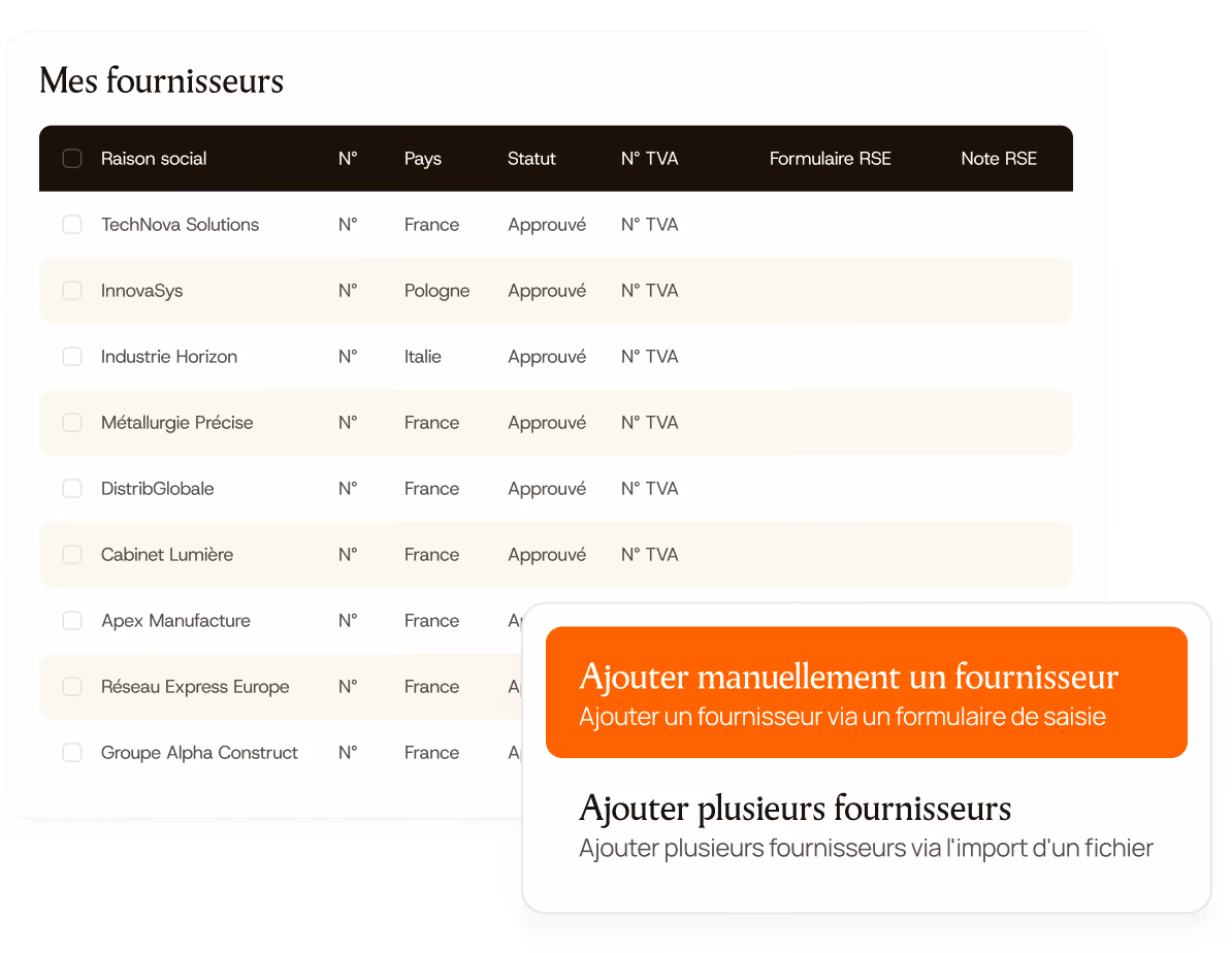 Liste de fournisseurs avec colonnes pays, statut approuvé, et options d'ajout manuel ou multiple.