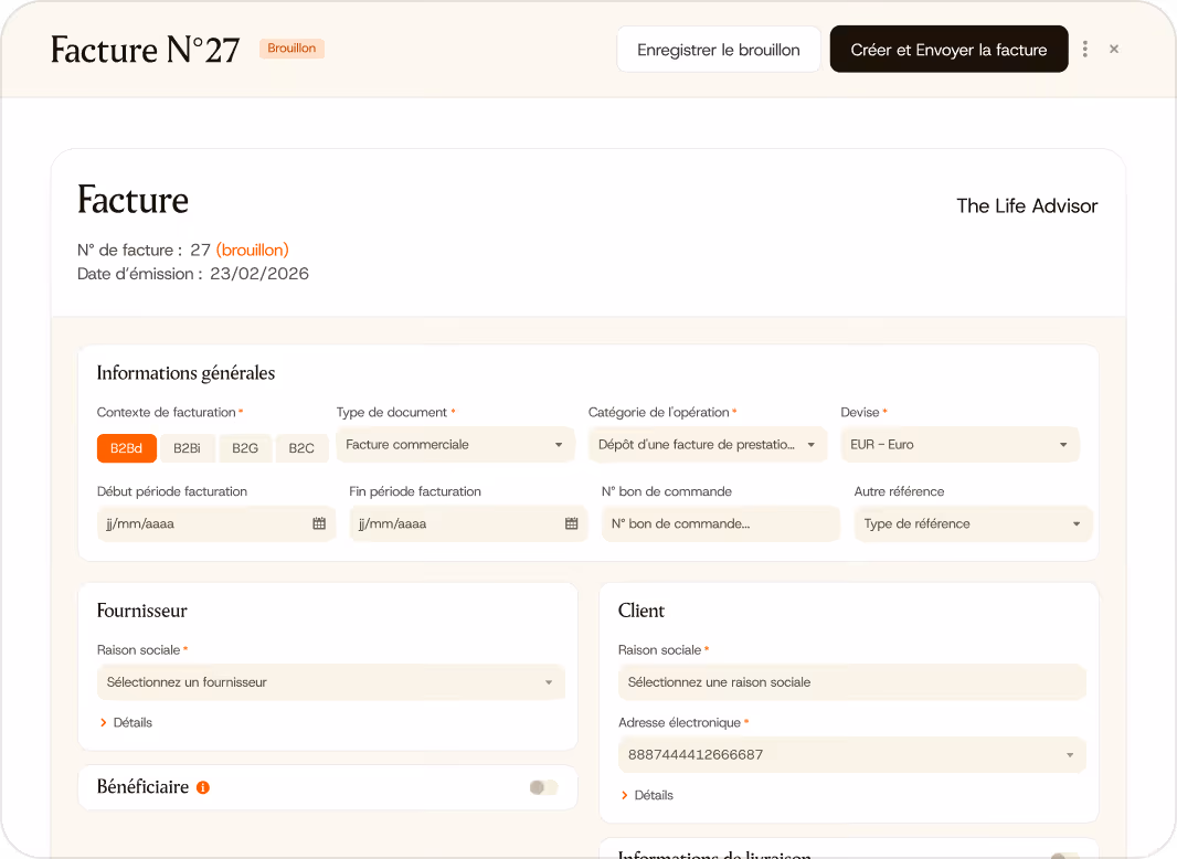 Interface de facturation en brouillon avec champs pour fournisseur, client, dates, et type de document.