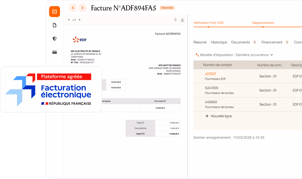 Interface de gestion de factures électroniques françaises, montrant une facture EDF et options de rapprochement.