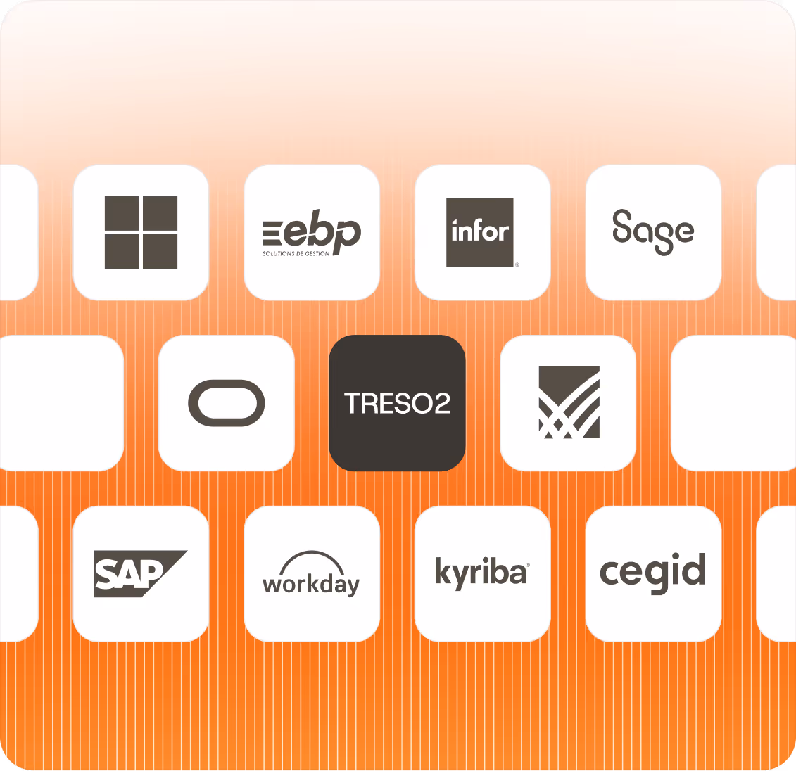Logos of various ERP and accounting software brands arranged in a grid on an orange background.