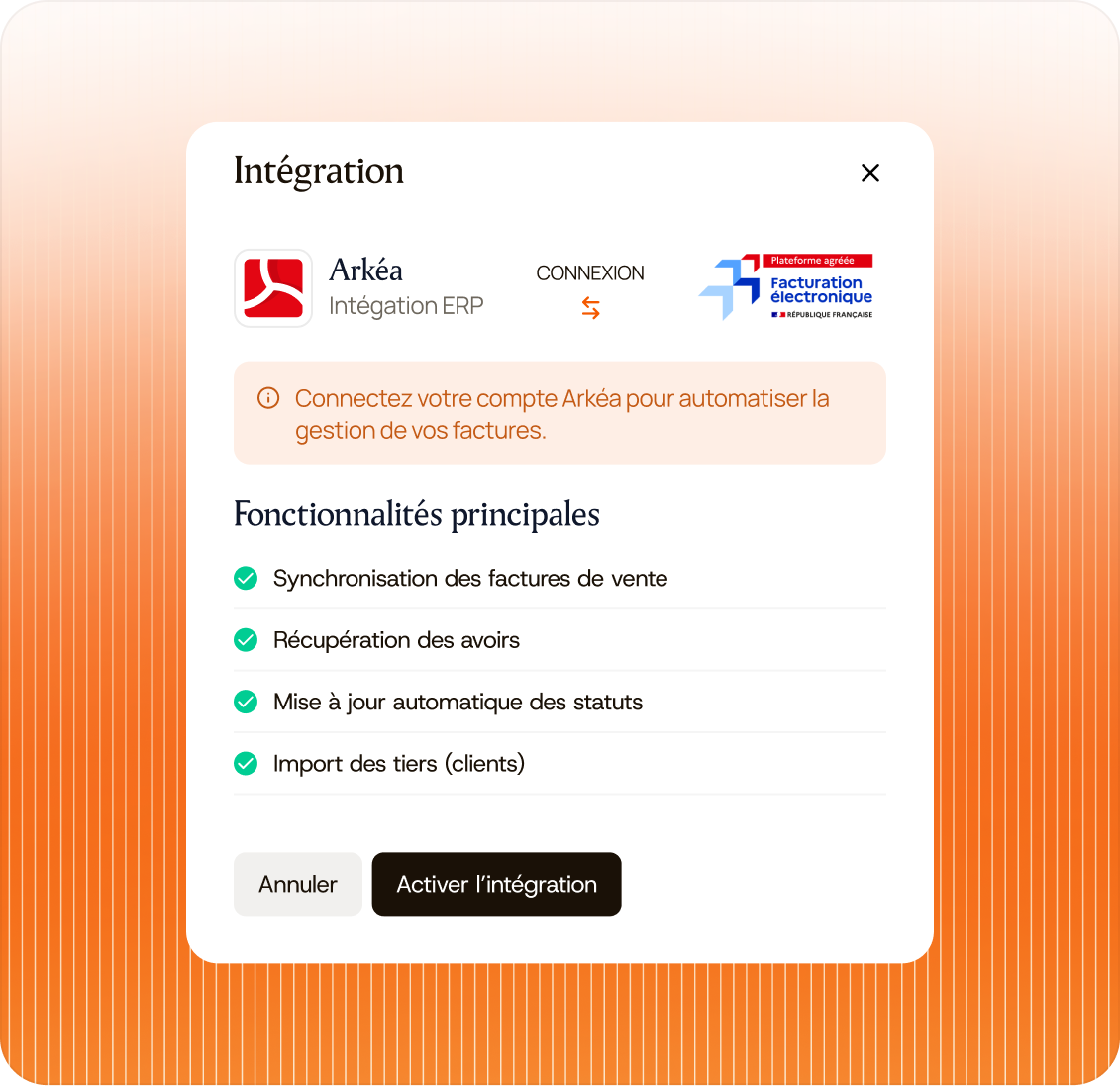 Fenêtre d'intégration Arkéa ERP avec fonctionnalités principales et options pour activer ou annuler.