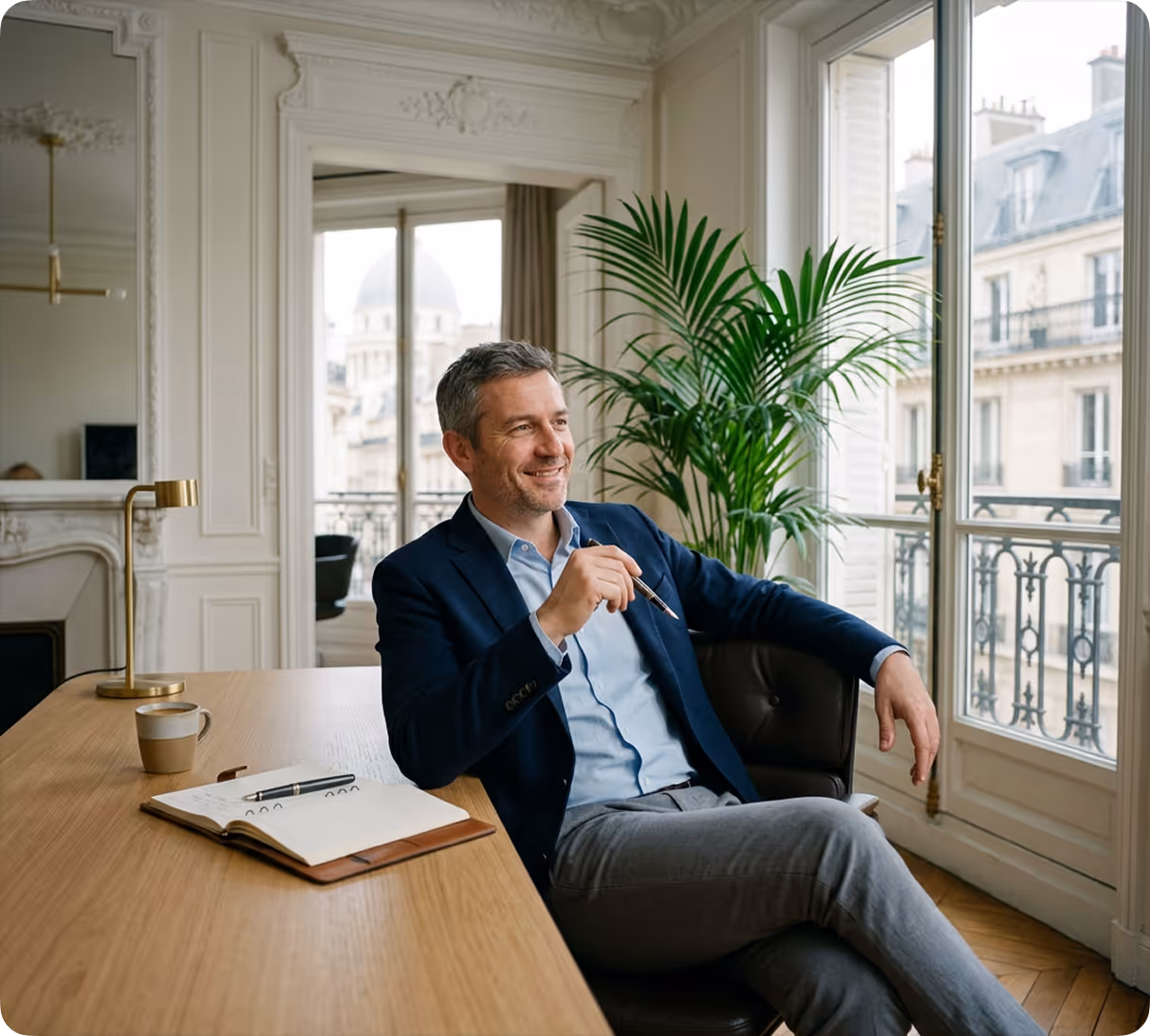 Un homme souriant assis les jambes croisées à un bureau avec carnet, tasse, et plante derrière.