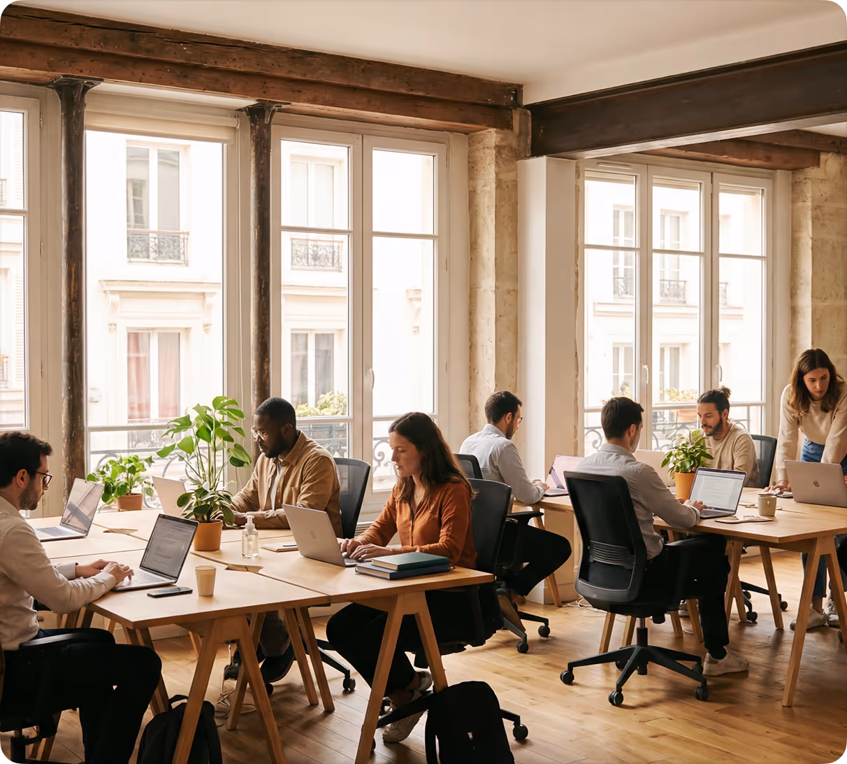 Un bureau partagé lumineux avec six personnes travaillant sur des ordinateurs portables près de grandes fenêtres.