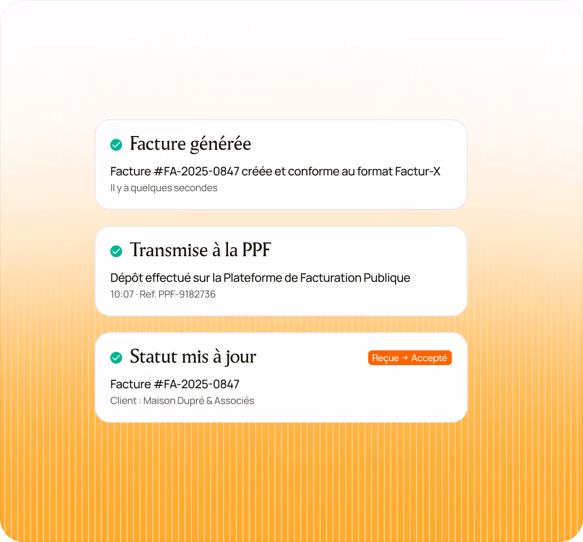 Trois étapes de facture : générée, transmise à la PPF, statut mis à jour Reçue à Acceptée.