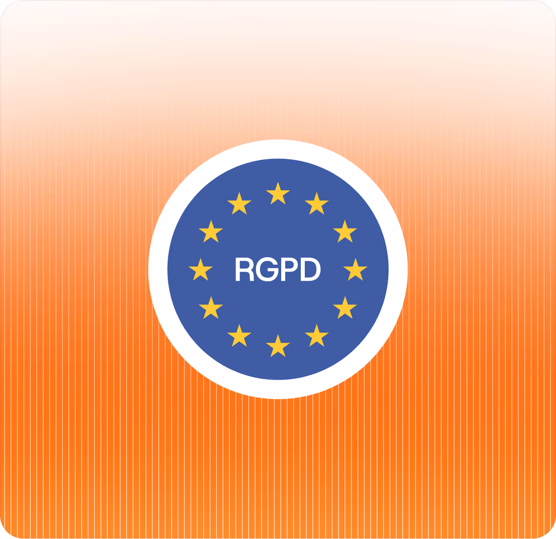 Logo RGPD avec étoiles jaunes en cercle sur fond bleu et fond orange à rayures verticales.