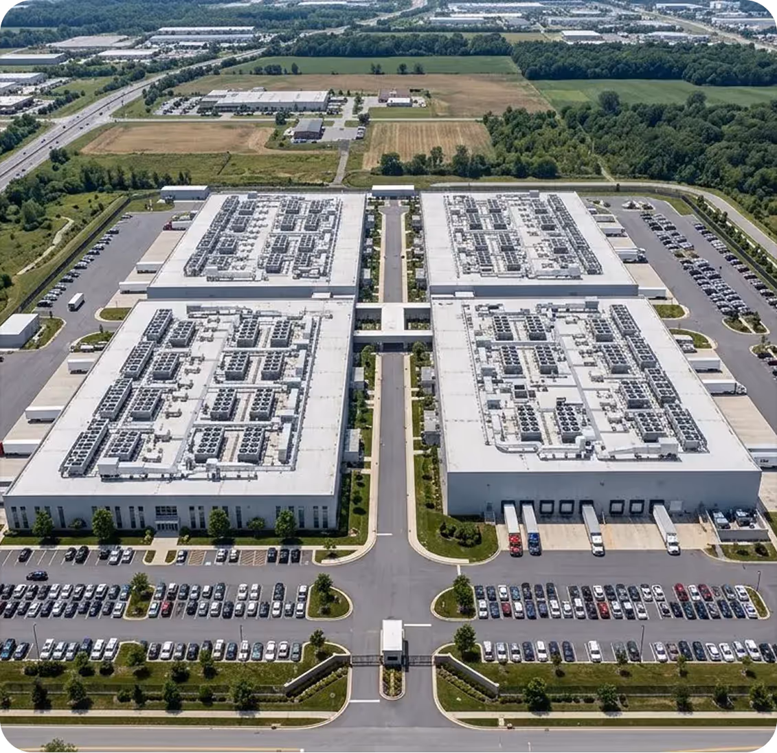Vue aérienne de quatre grands bâtiments industriels avec parkings, entourés d'espaces verts.