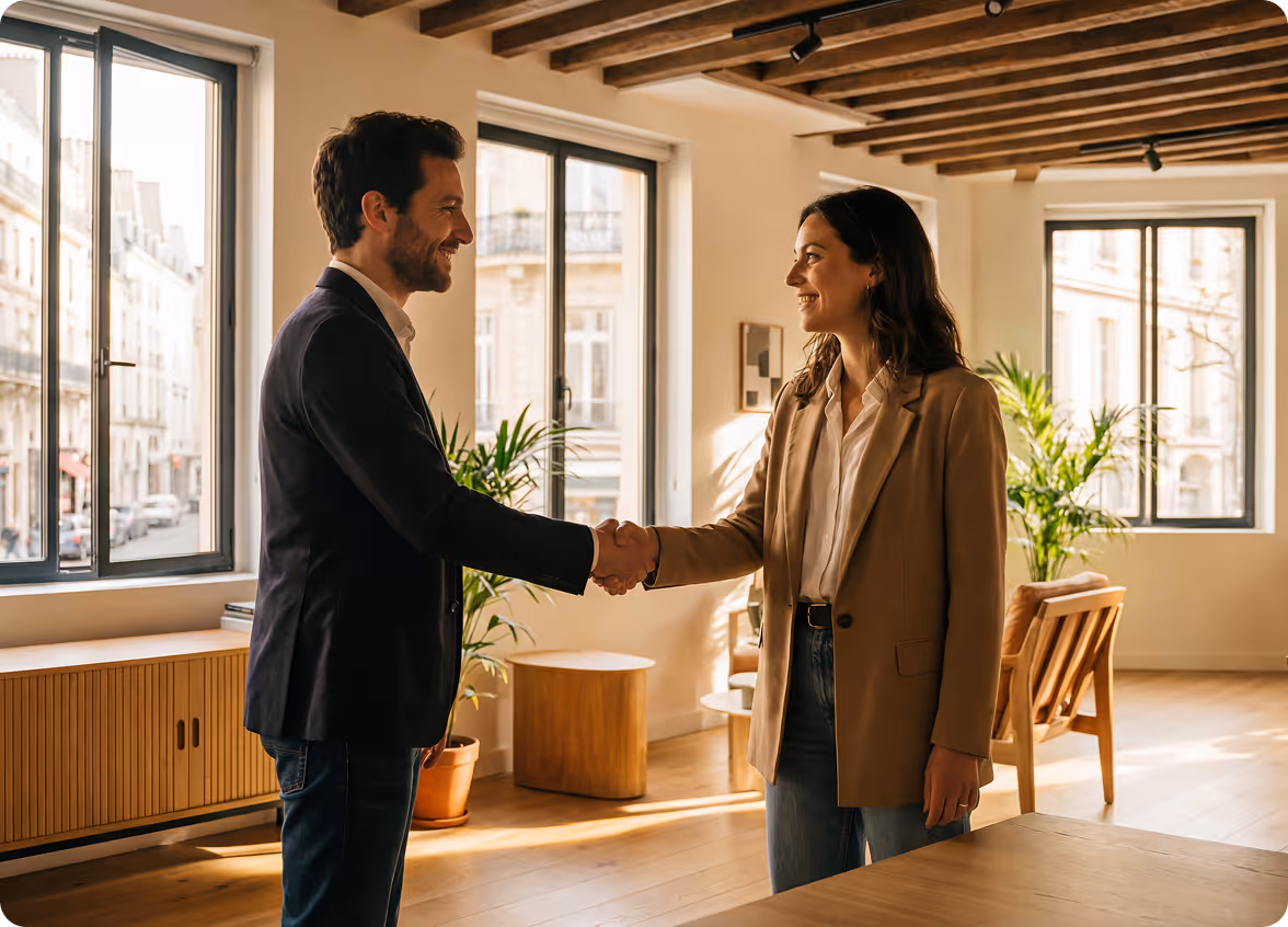 Un homme et une femme se serrent la main dans un bureau lumineux avec grandes fenêtres et plantes.