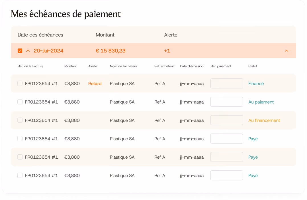 Tableau de paiement avec dates, montants, alertes, noms d’acheteurs et statuts des factures.